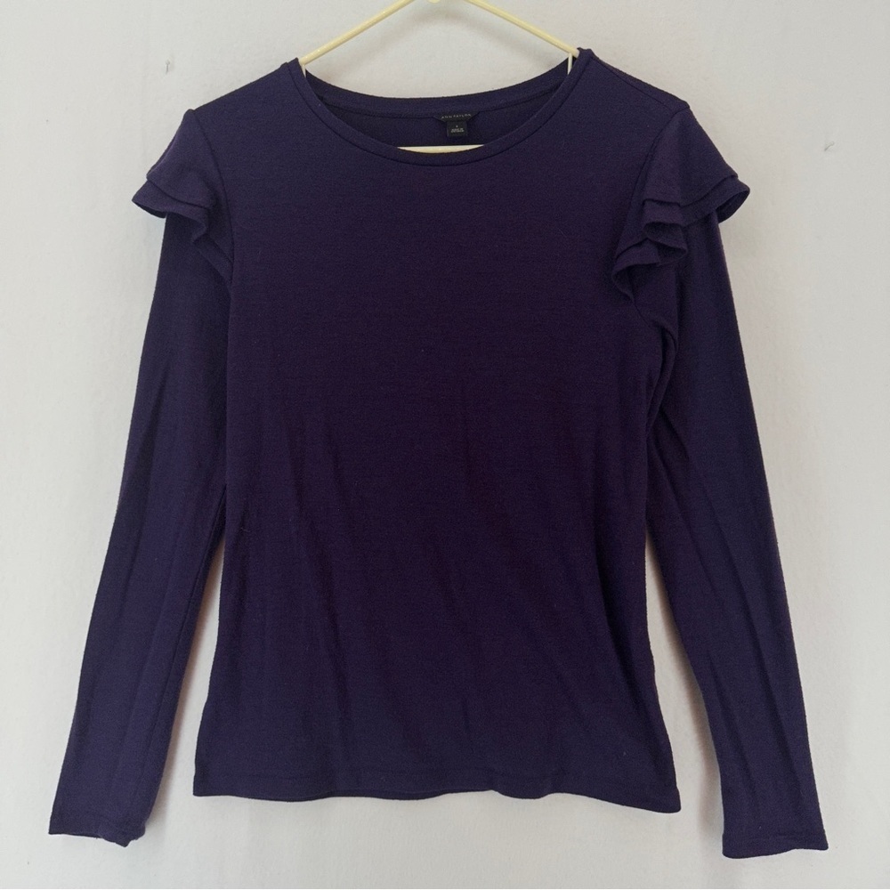 Ann Taylor Ruffle Trim Long Sleeve Sweater Small Purple